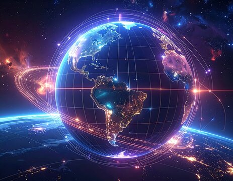 Digital Earth with glowing continents in a vast, starry expanse - Powered by Adobe