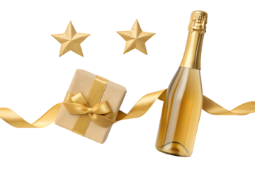 Golden champagne bottle gift box and stars isolated on transparent background