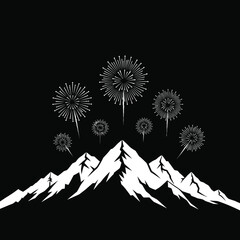Fireworks Over Winter Mountains &mdash; New Year Silhouette Landscape Vector Art