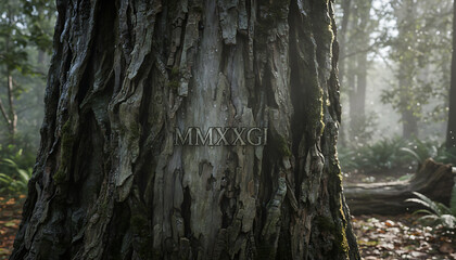Ancient tree with Roman numerals marking time's passage in enchanted forest