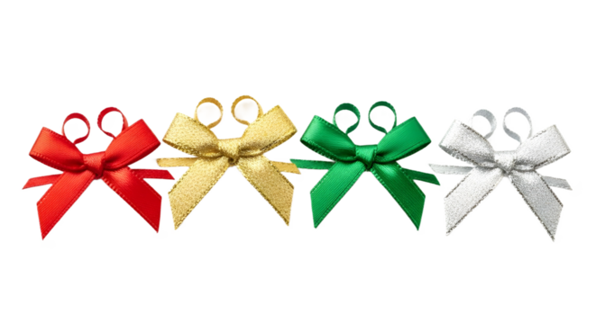 Collection of colorful satin ribbon bows for holiday gift wrapping and celebration decoration isolated PNG with Transparent Background