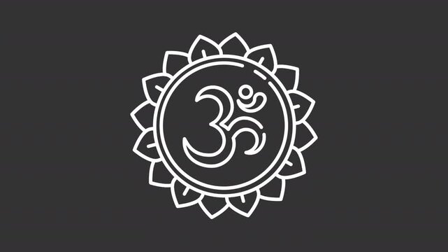 Om symbol white line animation. Indian religion animated icon. Hindu symbol. Spinning mandala. Spiritual meditation. Yoga mantra. Isolated element on dark background. Alpha transparent video