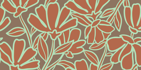 Groovy retro floral seamless pattern featuring whimsical outlined flowers. A charming botanical background illustration with a vintage, earthy aesthetic