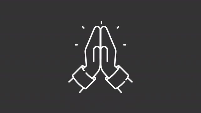 Animated namaste white line icon. Praying hands animation. Lines showing up. Spirituality faith. Religious worship. Gratitude gesture. Isolated element on dark background. Alpha transparent video