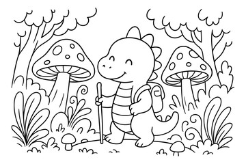 Obraz premium Cute Dinosaur Hiking in a Whimsical Forest with Giant Mushrooms and Plants