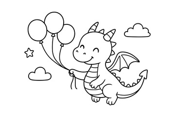 Cute Cartoon Dragon Holding Balloons Flying in Sky with Clouds and Star