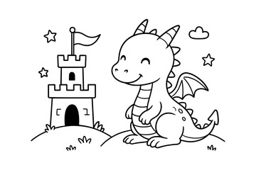 Cute Cartoon Dragon and Castle Coloring Page for Kids