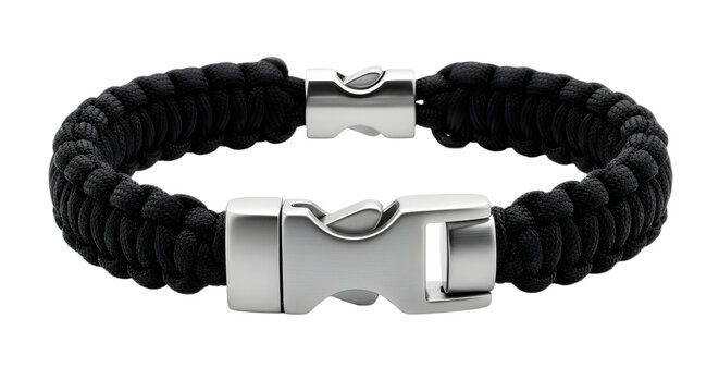 Tactical black paracord survival bracelet featuring a silver metal buckle closure isolated PNG with Transparent Background