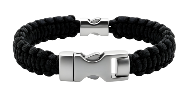 Tactical black paracord survival bracelet featuring a silver metal buckle closure isolated PNG with Transparent Background