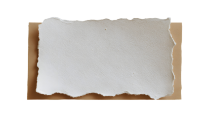 A delicate piece of textured handmade paper with uneven torn edges resting on a rustic wooden surface isolated on transparent background