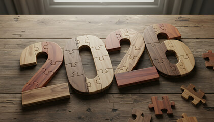 New year 2026 puzzle, wooden jigsaw pieces forming numbers on wooden surface