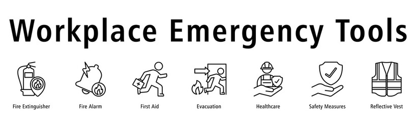 Workplace Emergency Tools banner showing Fire Extinguisher, Fire Alarm, First Aid, Evacuation, Healthcare, Measures, and Vest.