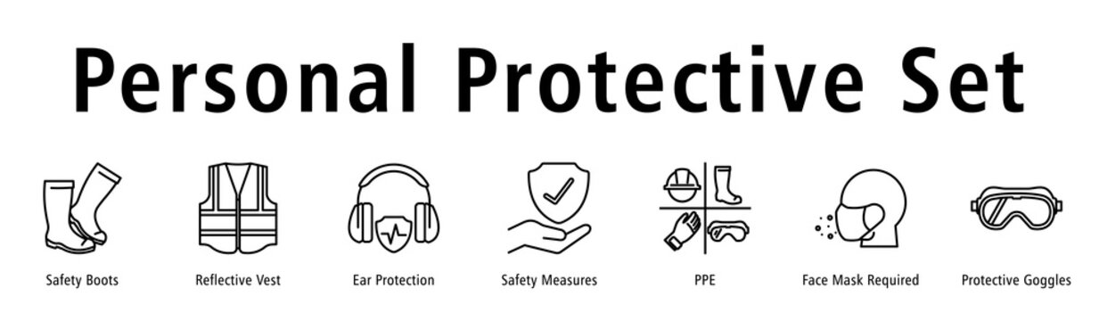 Personal Protective Set banner with Boots, Vest, Ear Protection, Safety Measures, PPE, Mask Requirement, and Goggles.