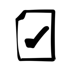 Hand drawn document with checkmark icon for task completion. Vector, illustration