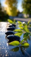 Zen balancing stones and green leaves with water drops