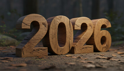 Rustic wooden 2026 year new beginnings concept in a natural forest setting
