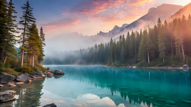 sunrise in the mountains, Serene nature landscape, crystal-clear lake, pine forest reflection, sunrise mist, ultra-realistic digital illustration - Powered by Adobe