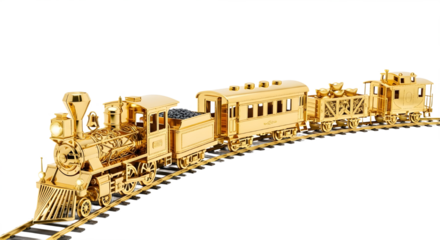 Detailed luxury golden steam locomotive model with passenger car and freight train on tracks isolated PNG with Transparent Background