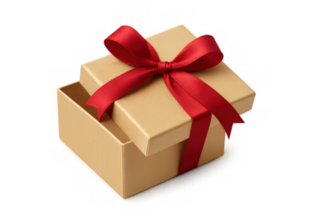 Open gift box with red ribbon and bow, revealing surprise, celebrating holidays, birthdays, or special occasions, transparent
