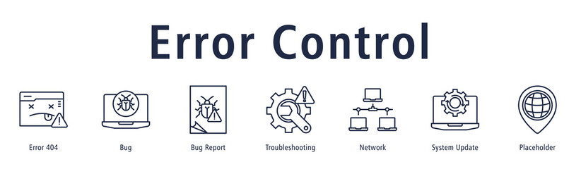 Error Control banner with icons of Error 404, Bug, Bug Report, Troubleshooting, Network, System Update and Placeholder.