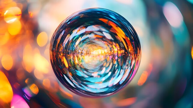 Abstract sphere with vibrant colors and bokeh background.