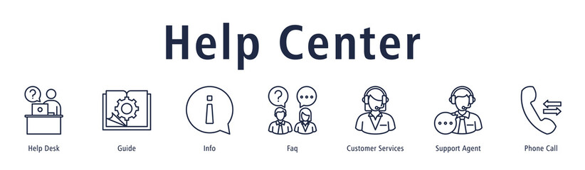 Help Center banner with icons of Help Desk, Guide, Info, Faq, Customer Services, Support Agent and Phone Call.