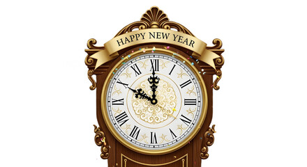 Ornate vintage Happy New Year clock countdown graphic showing midnight time isolated PNG with Transparent Background