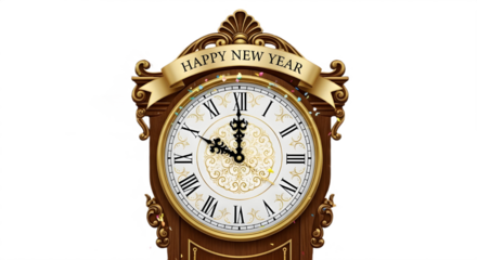 Ornate vintage Happy New Year clock countdown graphic showing midnight time isolated PNG with Transparent Background