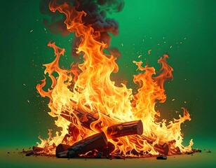 Vivid bonfire of burning wood against a lush, green background