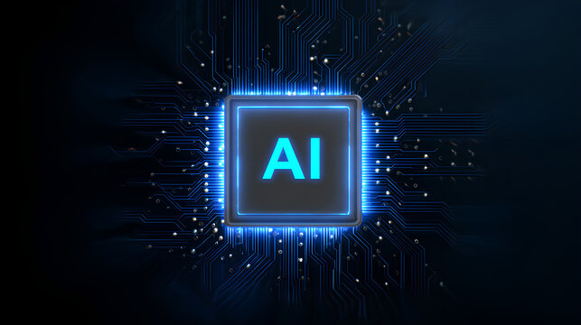 AI Chip with Light Glowing Neon Frame on Circuit Board. Technology AI Blue Background. Artificial Intelligence Digital Tech Bg. Machine Learning and Computer Innovation Concept. Vector Semiconductor.
