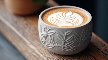 Close-up of a latte with beautiful latte art in a decorative ceramic cup, resting on a wooden surface. The cup has a floral design.