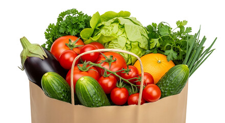 Fresh groceries in a paper bag isolated on transparent background