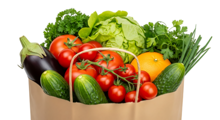 Fresh groceries in a paper bag isolated on transparent background