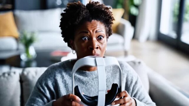 Woman wearing virtual reality headset in a living room, looking surprised
