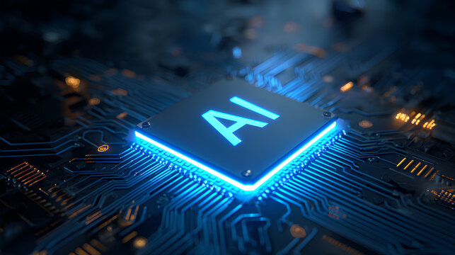AI Chip with Light Glowing Neon Frame on Circuit Board. Technology AI Blue Background. Artificial Intelligence Digital Tech Bg. Machine Learning and Computer Innovation Concept. Vector Semiconductor. 