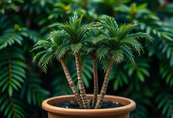 Obraz premium Miniature coconut palms in a pot, lush green foliage, green, cute