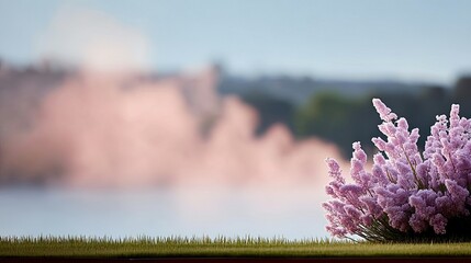 A close-up of lavender flowers in full bloom, with a blurred lake and hills in the background, bathed in soft, natural light.