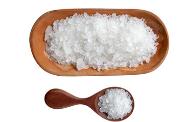 Natural salt in wooden spoon and oval wooden plate isolated on white, top view