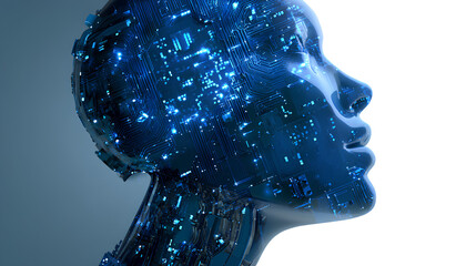 AI Humanoid Face Concept. Technology Digital Robot Head Side View with Circuit Board Components. Tech Blue Background. Artificial Intelligence Agent or Assistant Concept. Vector Digital Illustration. 