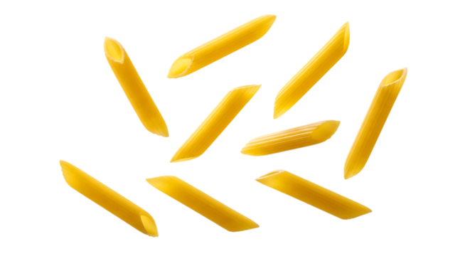 Penne pasta pieces scattered isolated on transparent background