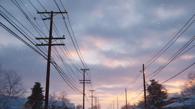 Winter twilight with falling snow over a suburban street lined with power lines - Powered by Adobe