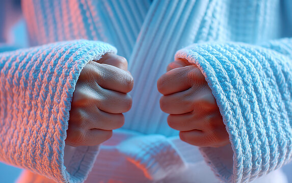 Martial arts practitioner prepares for jiu jitsu match, showcasing determination and strength with clenched fists in traditional uniform. focus and intensity are palpable