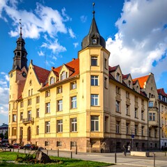 Obraz premium Historic European building with turrets, red roof tiles and a bright sky