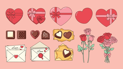 Sweet treats and love notes for Valentine's Day, a delicious surprise with chocolate hearts and pretty roses, a romantic vector graphic illustration