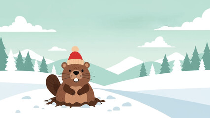 Naklejka premium Whimsical winter scene with a cozy beaver wearing a red hat, perfect for holiday cards and seasonal promotions, vector graphics charm and evergreen appeal