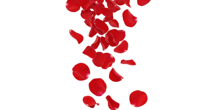 Red rose petals falling in a cascade isolated on transparent background
