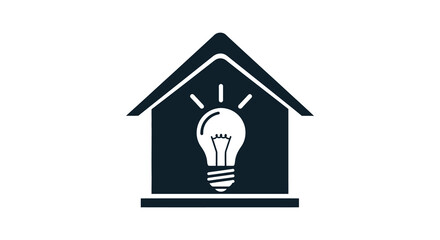 A dark house shape contains a glowing lightbulb representing home energy a simple silhouette