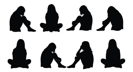 Silhouettes of people sitting and crouching in various contemplative poses