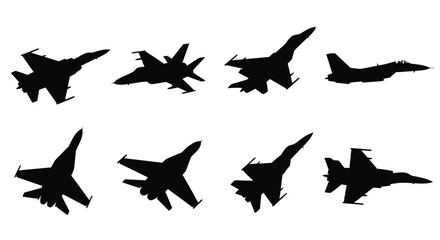 Silhouettes of fighter jets in varying flight positions against a white backdrop