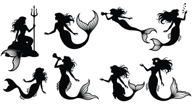 Elegant mermaid silhouettes depict mythical sea creatures in various graceful poses